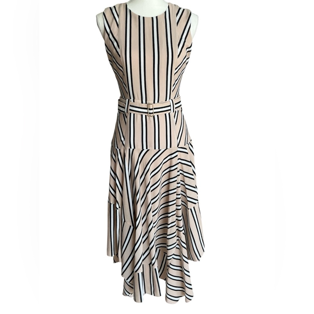 Calvin Klein Belted Striped Beige Black Handkerchief Dress Size 4 Coquette Girl